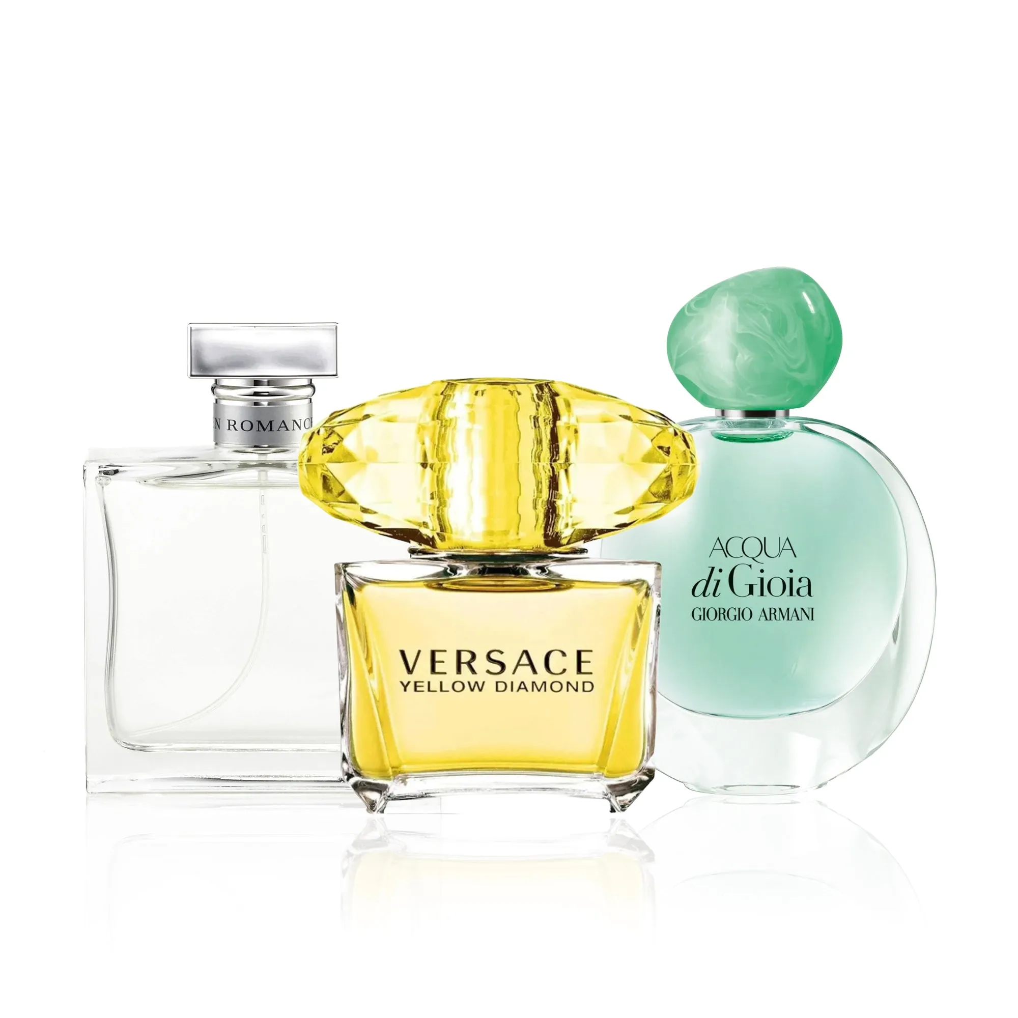 Romance by Ralph Lauren and Yellow Diamond by Versace and Acqua Di Gioia by Giorgio Armani